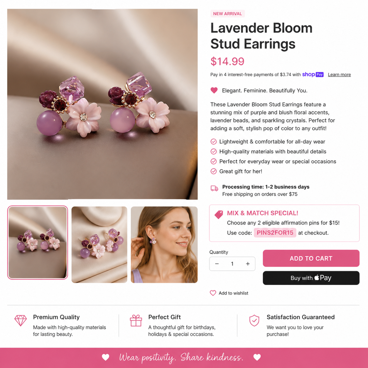 Lifestyle image showing Lavender Bloom earrings worn by a woman