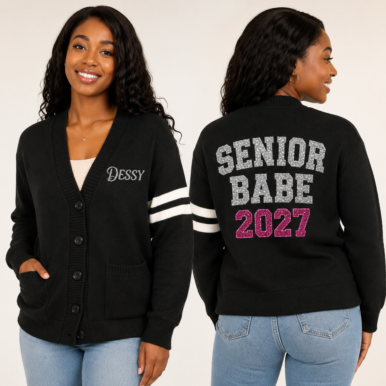 Black Senior Babe custom cardigan with silver and hot pink glitter lettering for Class of 2027